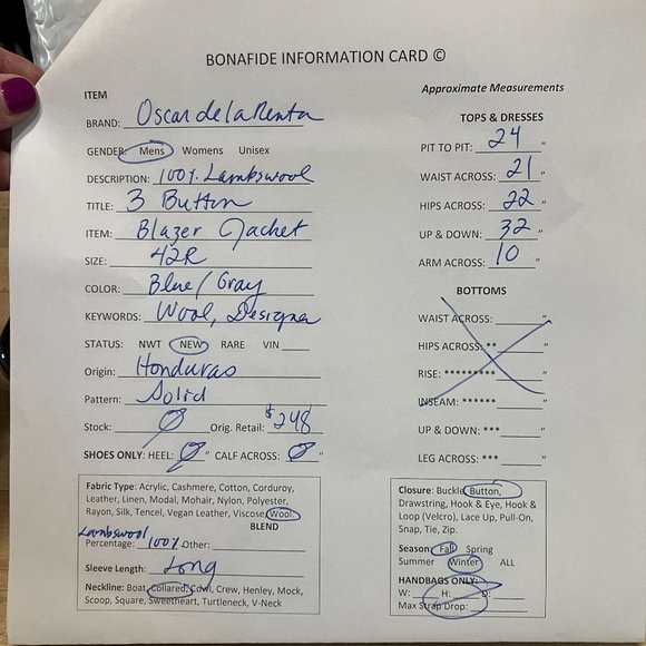 OSCAR de la Renta Mens Lambswool Three Button Blazer Jacket Size 42R Blue NEW - Picture 12 of 12